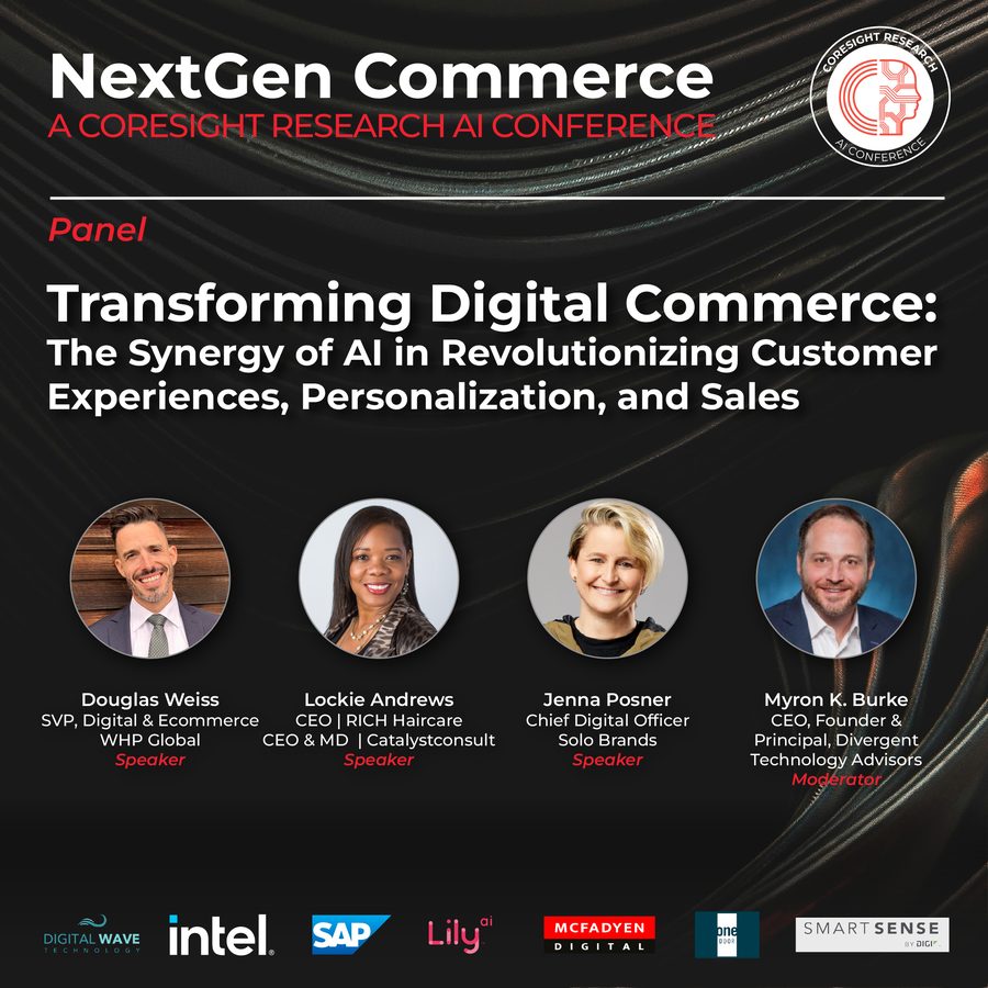 Coresight Research NextGen Commerce AI Conference panel card with Lockie Andrews