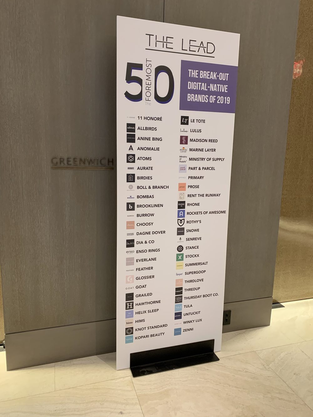 The Lead's board listing The Foremost 50 break-out digital-native brands of 2019, including UNTUCKit